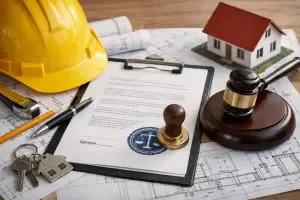 חוזה בנייה עם קסדה צהובה, מפתחות בית, חותמת משפטית ופטיש שופט על גבי תכניות אדריכליות